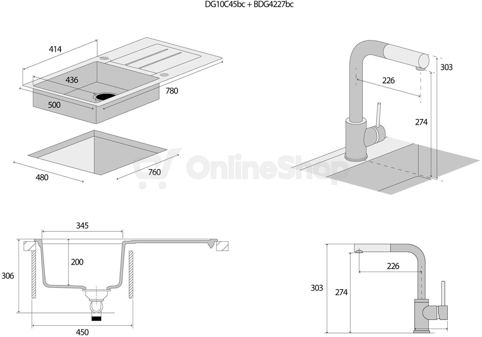 Concept SET Dřez granitový s odkapem DG10C45bc + Baterie dřezová granit BDG4227bc