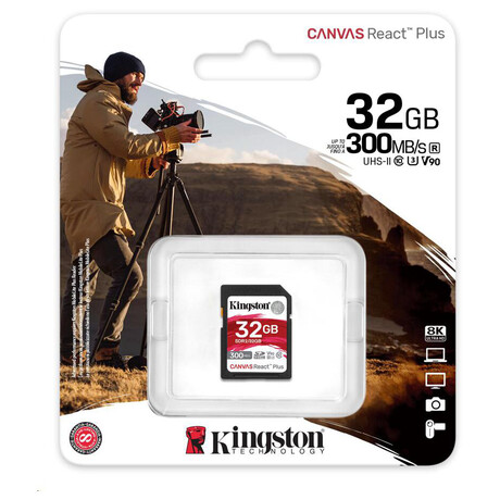 KINGSTON 32GB Canvas React Plus SDHC UHS-II 300R/260W U3 V90 for Full HD/4K/8K (SDR2/32GB)