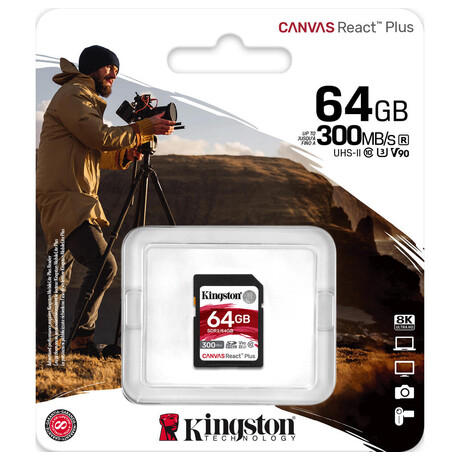 KINGSTON 64GB Canvas React Plus SDHC UHS-II 300R/260W U3 V90 for Full HD/4K/8K (SDR2/64GB)