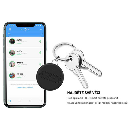 Smart tracker FIXED Sense s modrým koženým pouzdrem a karabinou