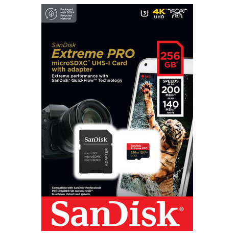 SanDisk micro SDXC karta 256GB Extreme PRO (200 MB/s Class 10, UHS-I U3 V30) + adaptr (SDSQXCD-256G-GN6MA)