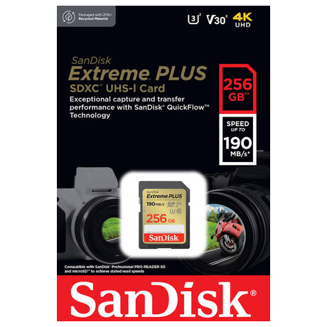 SanDisk Extreme PLUS 256 GB SDXC Memory Card 190 MB/s and 130 MB/s, UHS-I, Class 10, U3, V30