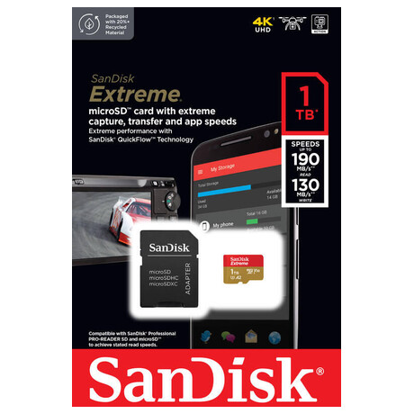 SanDisk Extreme microSDXC 1TB + SD Adapter190MB/s and 130MB/s A2 C10 V30 UHS-I U3