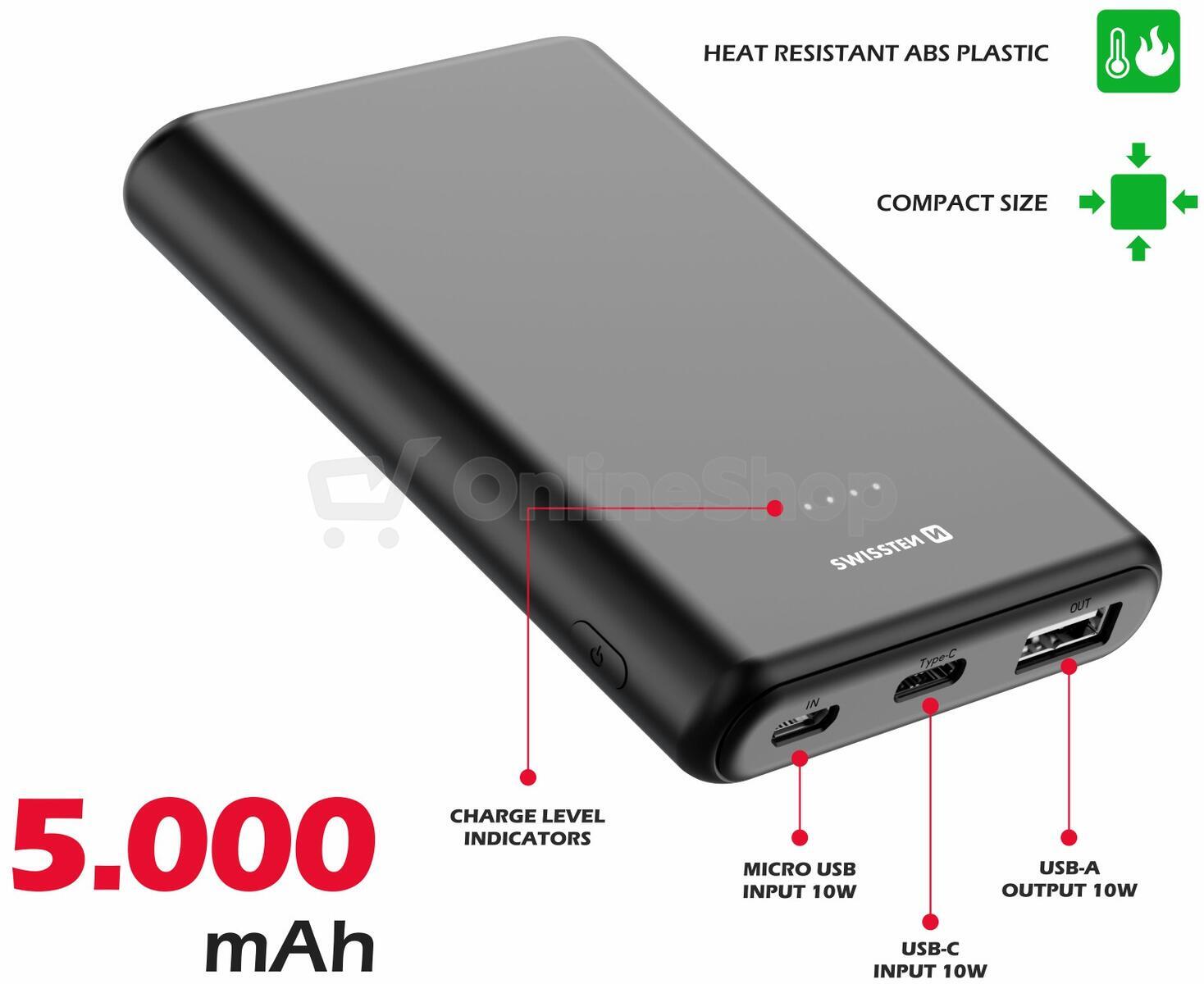 SWISSTEN POWER LINE POWER BANK 5000 mAh 10W BLACK