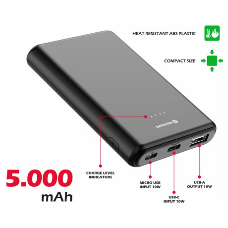 SWISSTEN POWER LINE POWER BANK 5000 mAh 10W BLACK