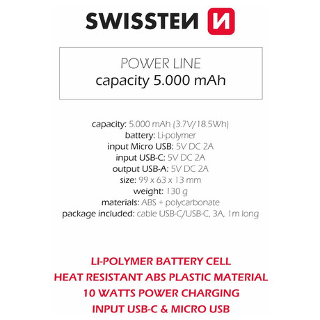 SWISSTEN POWER LINE POWER BANK 5000 mAh 10W BLACK