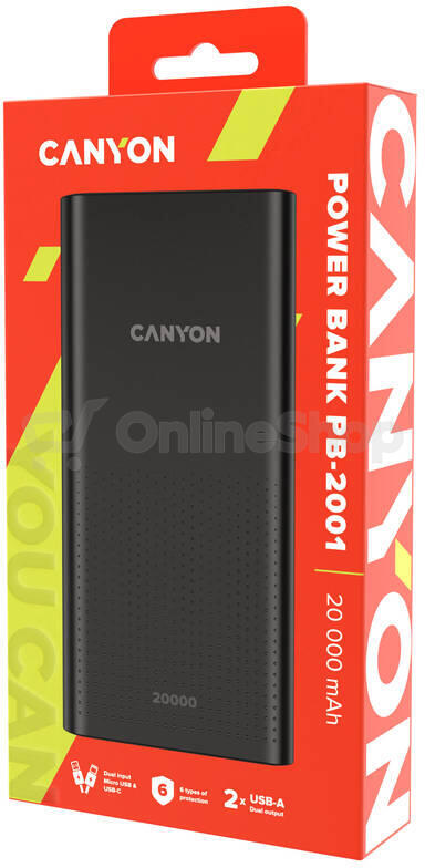CANYON powerbanka PB-2001, 20000mAh Li-poly, Input 5V/2A microUSB + USB C, Output 5V/2.1A USB-A, černá (CNE-CPB2001B)