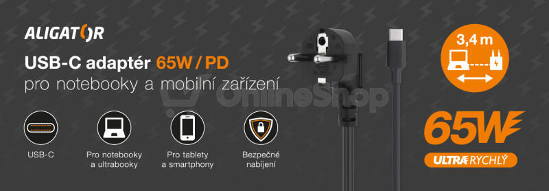 Napájecí adaptér pro notebook USB-C ALIGATOR 65W