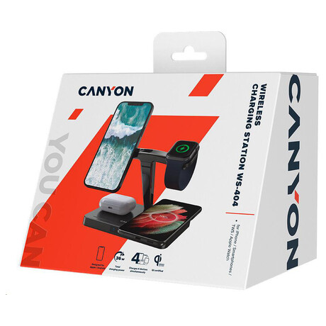 CANYON Bezdrtov nabjeka WS-404B + AC adapter, 4v1, Qi & Apple MagSafe, vstup 12V/3A, vstup 15/10/7.5/5W, ern (CNS-WCS404B)