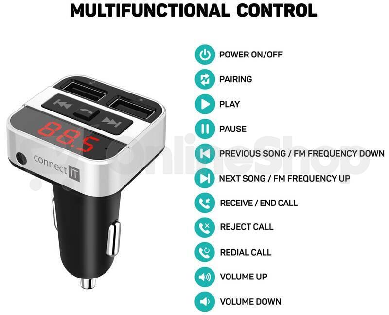 CONNECT IT InCarz Bluetooth transmitter, 2xUSB+3.5mm AUX, STŘÍBRNÝ (CCC-8800-SL)