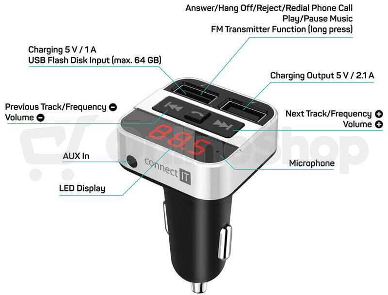 CONNECT IT InCarz Bluetooth transmitter, 2xUSB+3.5mm AUX, STŘÍBRNÝ (CCC-8800-SL)