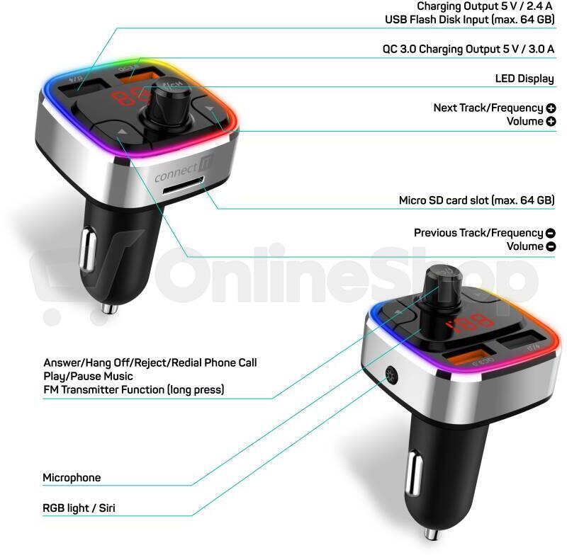 CONNECT IT CarRGB Bluetooth transmitter, 2xUSB+MicroSD, STŘÍBRNÝ (CCC-9090-SL)