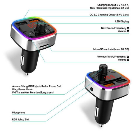CONNECT IT&nbsp;CarRGB Bluetooth transmitter, 2xUSB+MicroSD, STŘÍBRNÝ (foto 5)