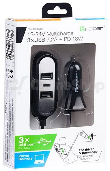 Nabíječka do auta TRACER 12-24V Multicharge 3xUSB 7,2A + PD 18W