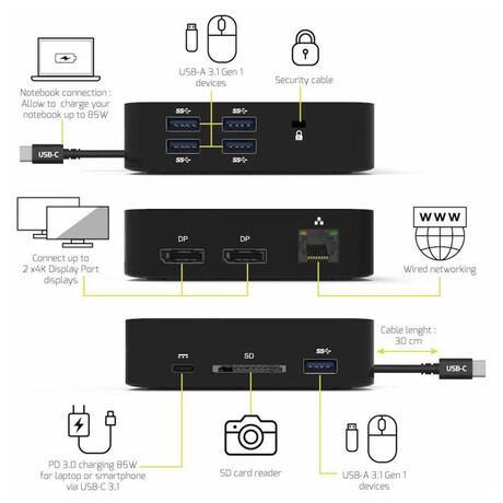 Nillkin PORT CONNECT USB-C Dokovac stanice 10v1, 2x4K Display Port, 5x USB-A, USB-C 85W PD, Ethernet, SD (901907)