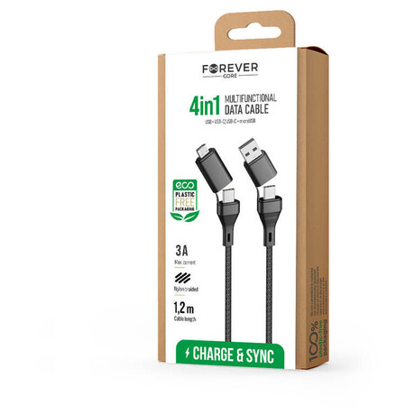 Datový kabel Forever Core 4v1 USB-A+USB-C/USB-C+microUSB 1,2m 3A černý