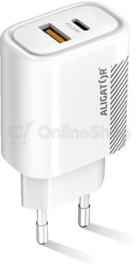Rychlá nabíječka Aligator PD 20W USB-C + USB, bílá