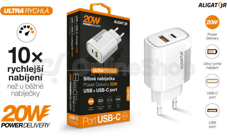 Rychlá nabíječka Aligator PD 20W USB-C + USB, bílá