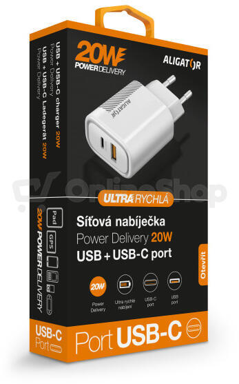 Rychlá nabíječka Aligator PD 20W USB-C + USB, bílá
