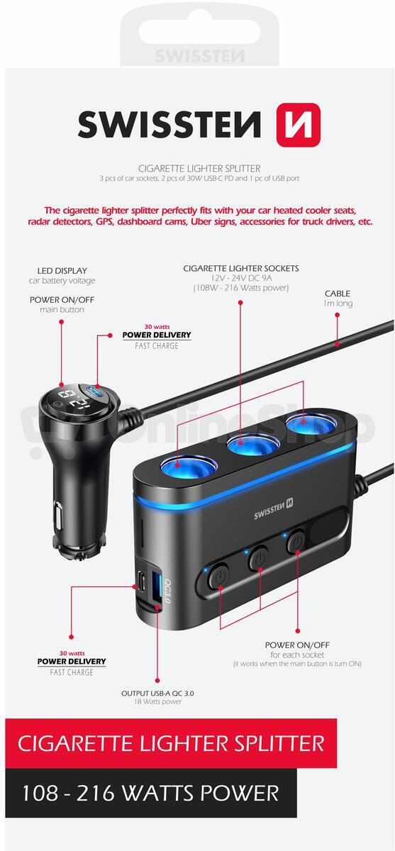 Autoadaptér Swissten 3x CL, 2x UCB-C PD a 1x USB-A QA 3.0, 108W - 216W
