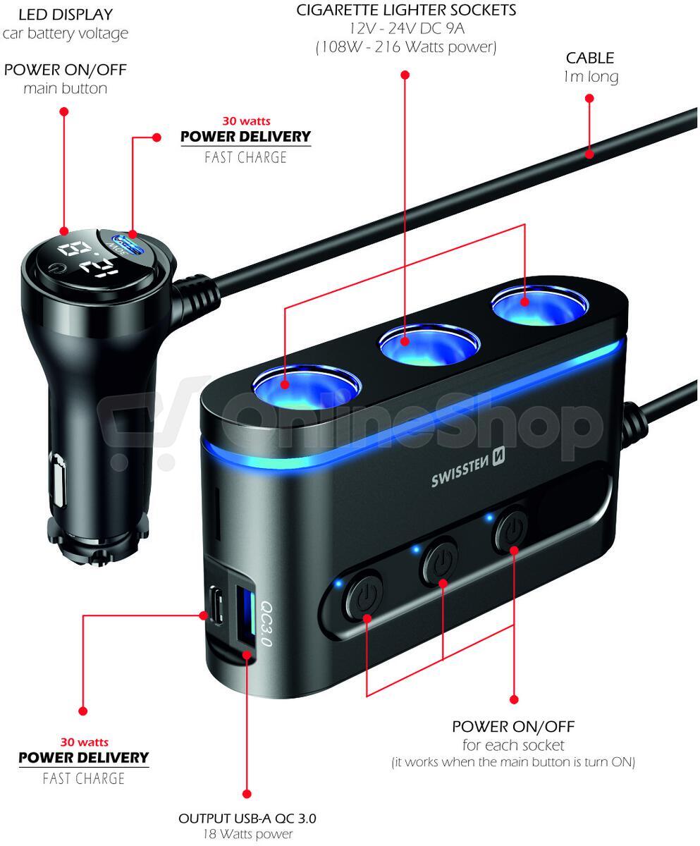 Autoadaptér Swissten 3x CL, 2x UCB-C PD a 1x USB-A QA 3.0, 108W - 216W