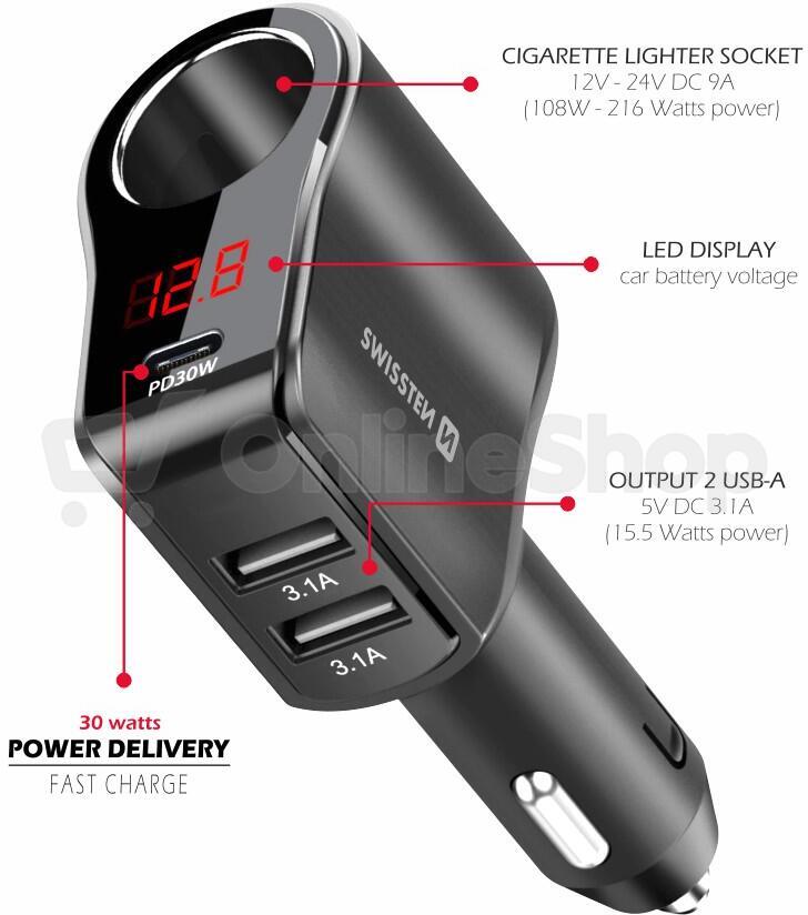Autoadaptér Swissten 1x CL, 1x UCB-C PD a 2x USB-A, 108W - 216W