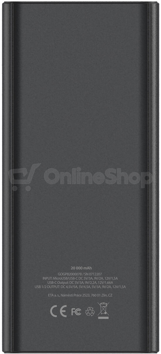 Powerbanka GoGEN PB200007 20000 mAh, USB-C PD 20W, černá