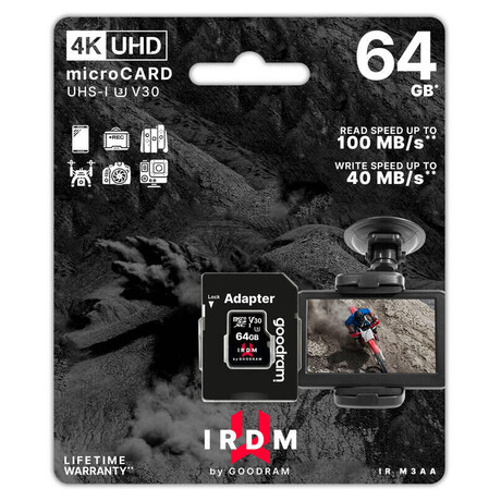 GOODRAM microSDXC karta 64GB IRDM (R:100/W:70 MB/s), UHS-I Class 10, U3, V30 + Adapter (IR-M3AA-0640R12)