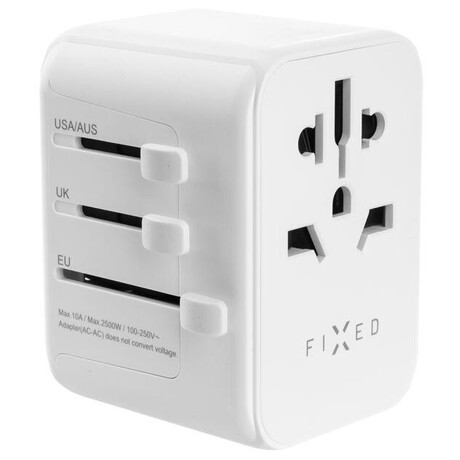 Cestovn adaptr FIXED Voyager 30 W pro EU, UK a USA/AUS, s 1xUSB-C a 2xUSB vstupem, GaN, PD 30W, bl