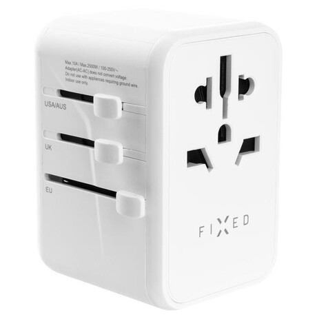 Cestovn adaptr FIXED Voyager 65 W pro EU, UK a USA/AUS, s 3xUSB-C a 2xUSB vstupem, GaN, PD 65W, bl