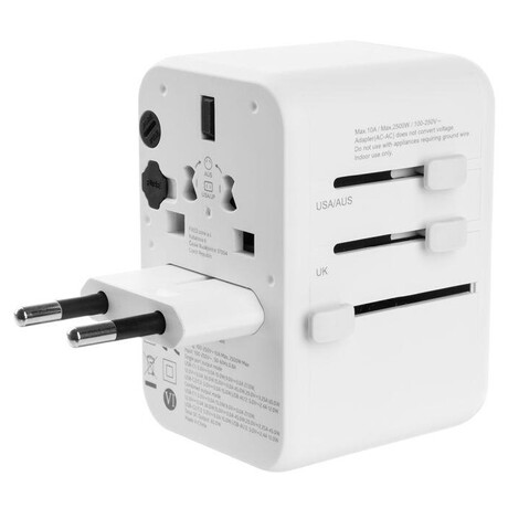 Cestovn adaptr FIXED Voyager 65 W pro EU, UK a USA/AUS, s 3xUSB-C a 2xUSB vstupem, GaN, PD 65W, bl