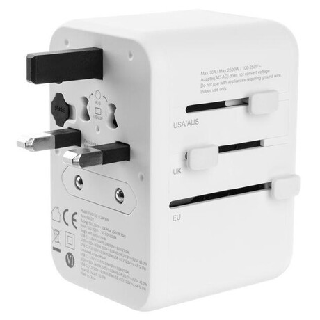 Cestovn adaptr FIXED Voyager 65 W pro EU, UK a USA/AUS, s 3xUSB-C a 2xUSB vstupem, GaN, PD 65W, bl