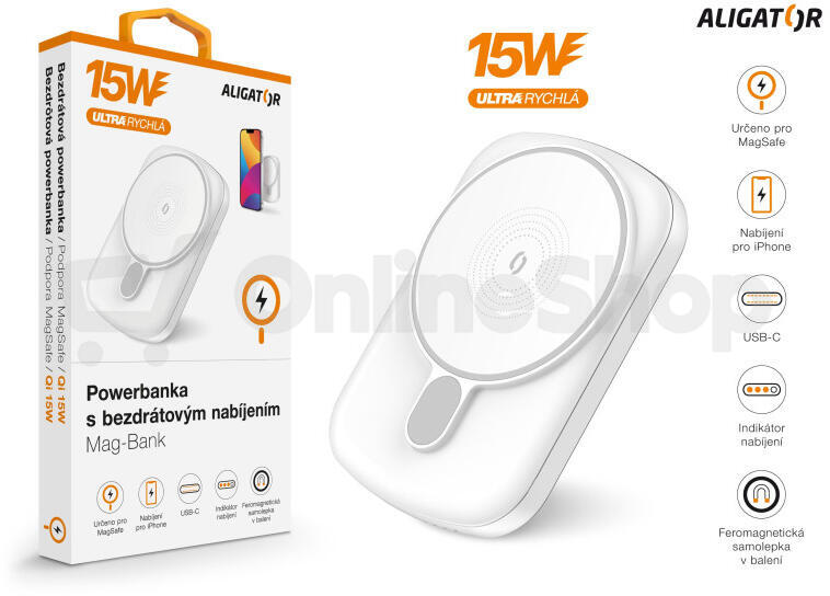 Power bank Aligator Magsafe s USB-C 5000 mAh, bílá