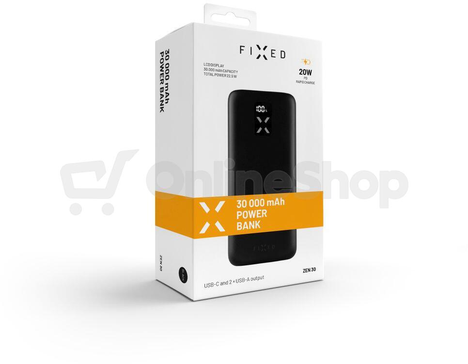 Powerbanka FIXED Zen 30 s LCD displejem a výstupem PD 20W, 30 000 mAh, černá