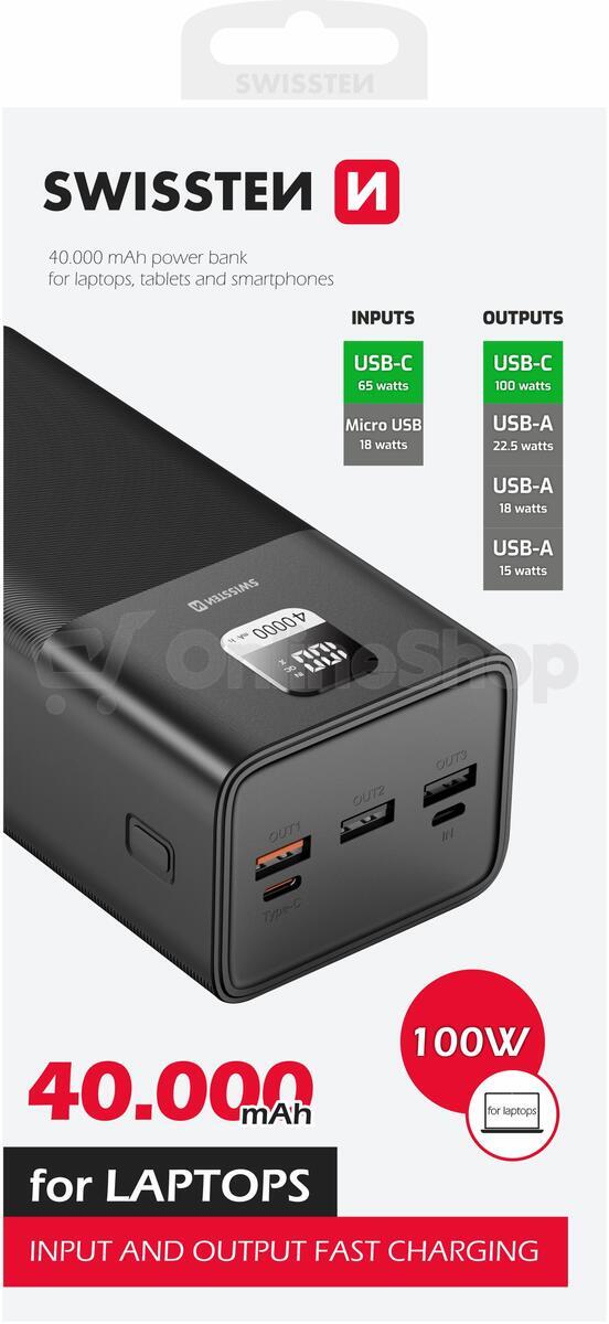 Powerbanka Swissten Power Line 40 000 mAh, 100 W, černá