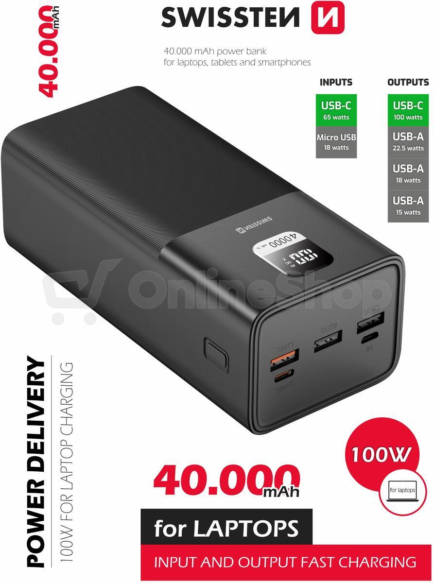 Powerbanka Swissten Power Line 40 000 mAh, 100 W, černá