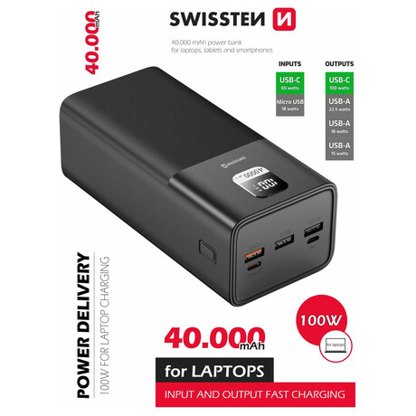 Powerbanka Swissten Power Line 40 000 mAh, 100 W, ern