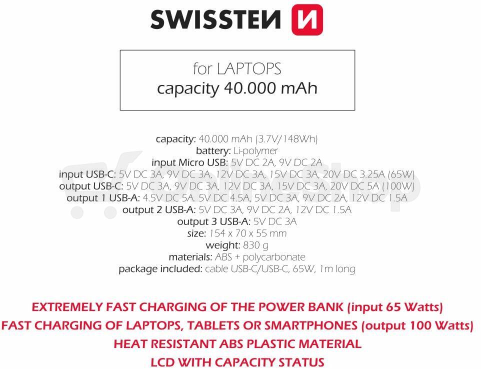 Powerbanka Swissten Power Line 40 000 mAh, 100 W, černá