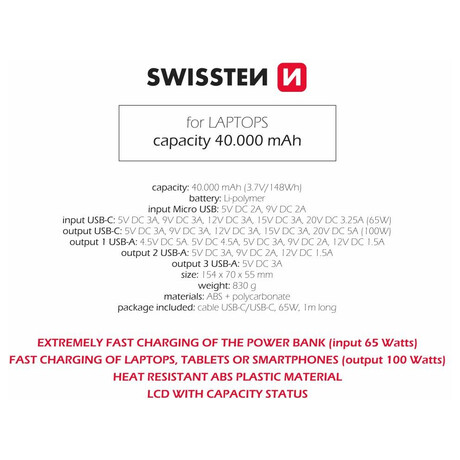 Powerbanka Swissten Power Line 40 000 mAh, 100 W, ern