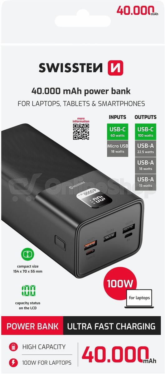 Powerbanka Swissten Power Line 40 000 mAh, 100 W, černá
