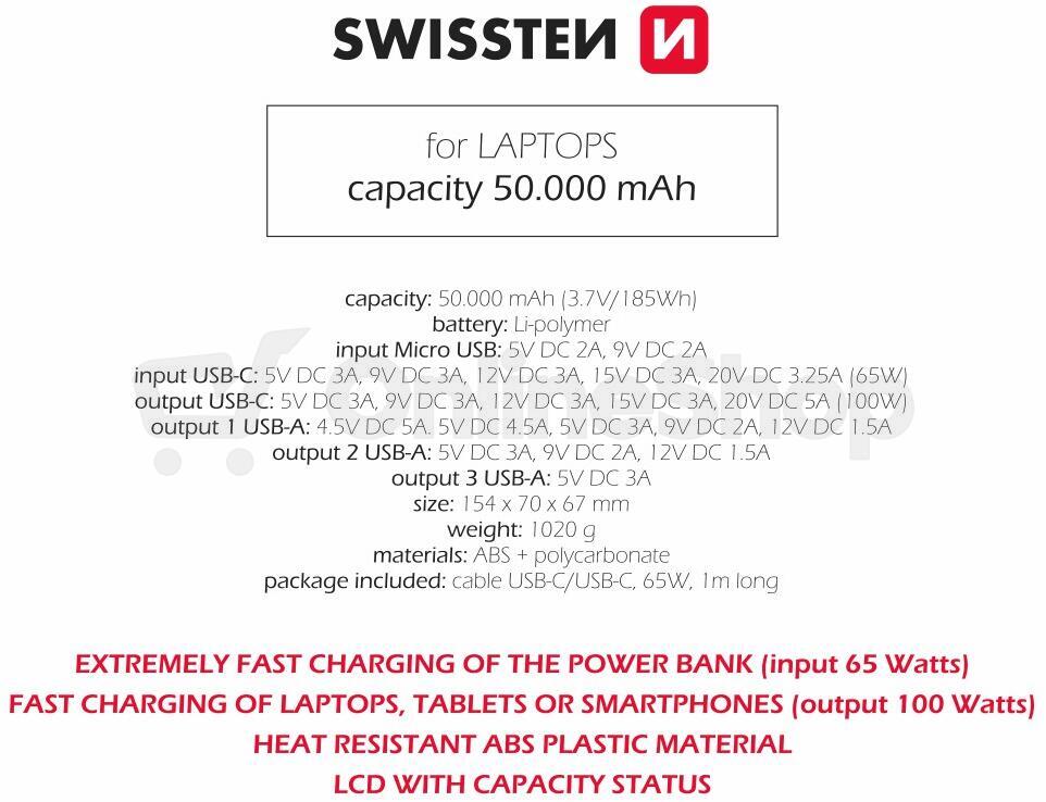 Power banka SWISSTEN POWER LINE 50000 mAh 100W POWER DELIVERY, černá