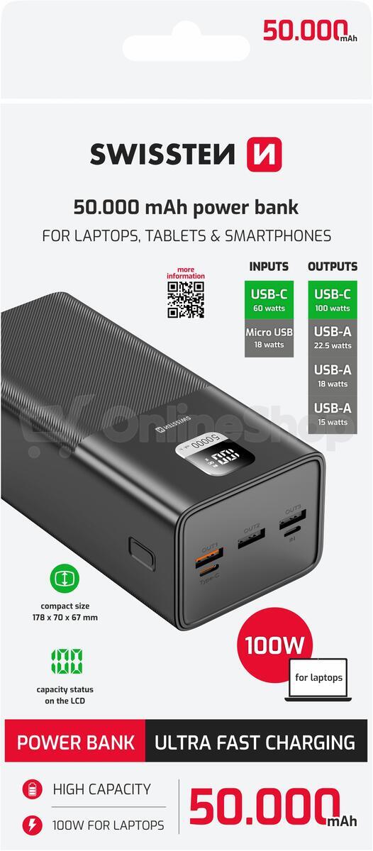 Power banka SWISSTEN POWER LINE 50000 mAh 100W POWER DELIVERY, černá