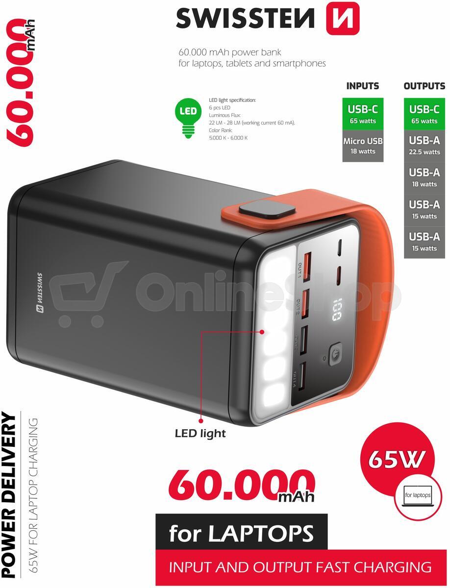 Powerbanka Swissten Power Line 60000 mAh, 65W, černá