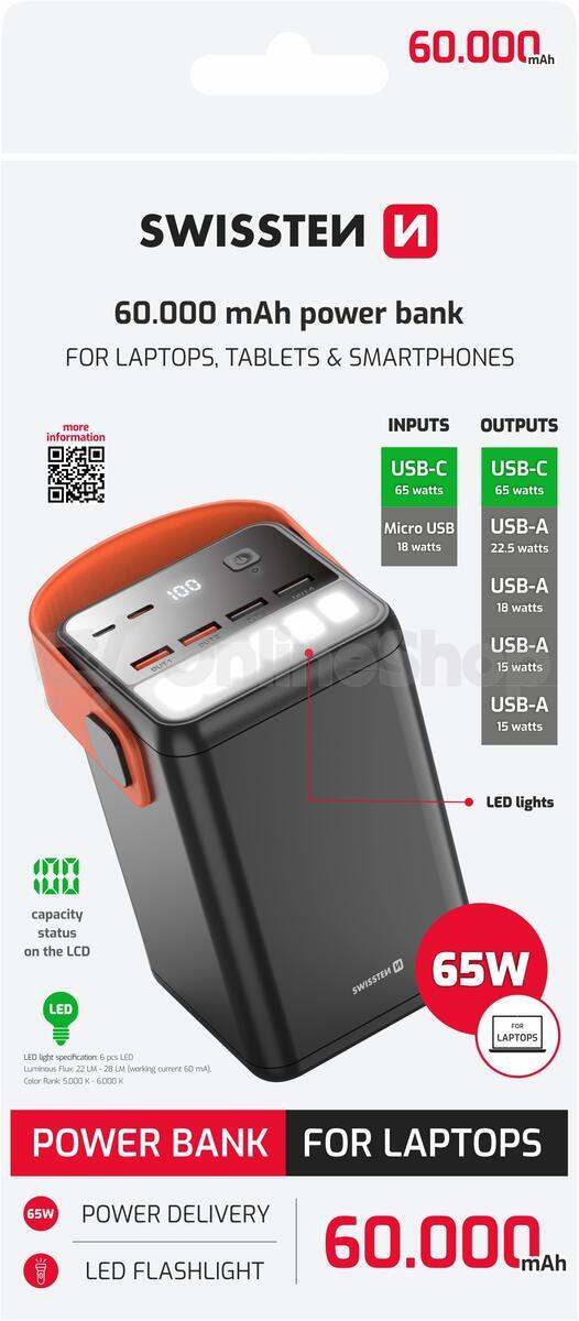 Powerbanka Swissten Power Line 60000 mAh, 65W, černá