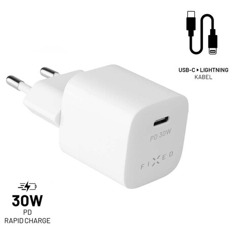 Set sov nabjeky FIXED Mini s USB-C vstupem a USB-C/Lightning kabelu, podpora PD, 1.2 metr, MFI, 30W, bl