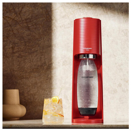 SET Vrobnk sody SodaStream Terra Red + Nhradn lhev SodaStream FUSE 2x1l, ern + Sirup Sodastream Pepsi 440 ml + 7UP 440 ml + Mirinda 440 ml