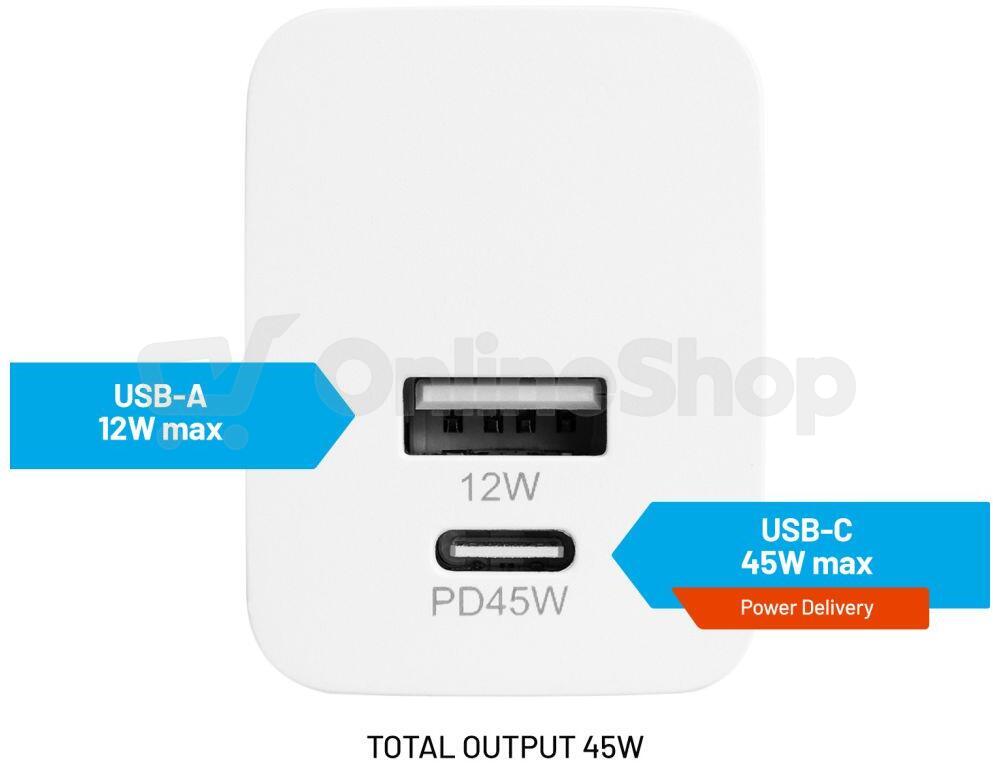 Síťová nabíječka FIXED Mini s USB-C a USB výstupem, podpora PD, 45W, bílá