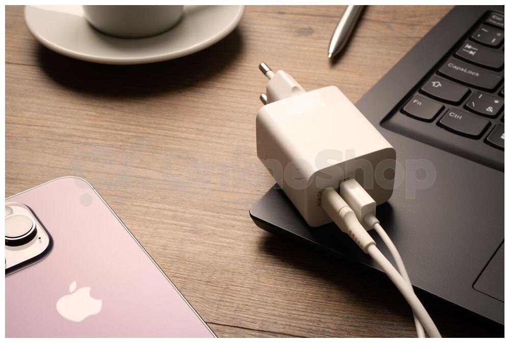 Síťová nabíječka FIXED Mini s USB-C a USB výstupem, podpora PD, 45W, bílá