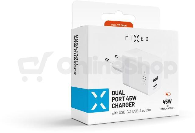 Síťová nabíječka FIXED Mini s USB-C a USB výstupem, podpora PD, 45W, bílá