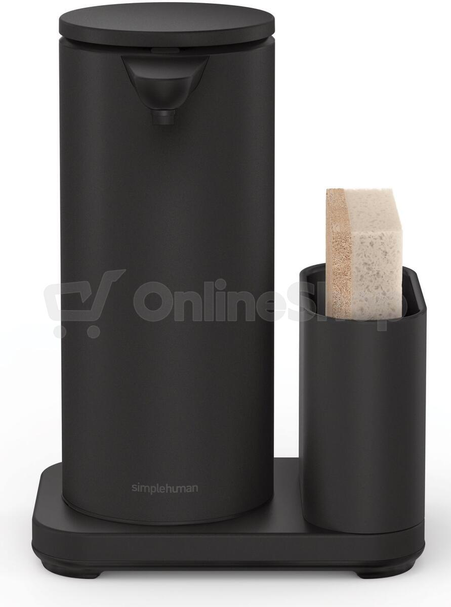 Bezdotykový dávkovač mýdla Simplehuman – 414 ml + držák na houbičku, matná černá ocel ST1079